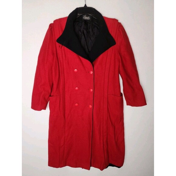 Vintage Basile Red Wool Coat Black Accents Long Womens Large - Picture 10 of 12